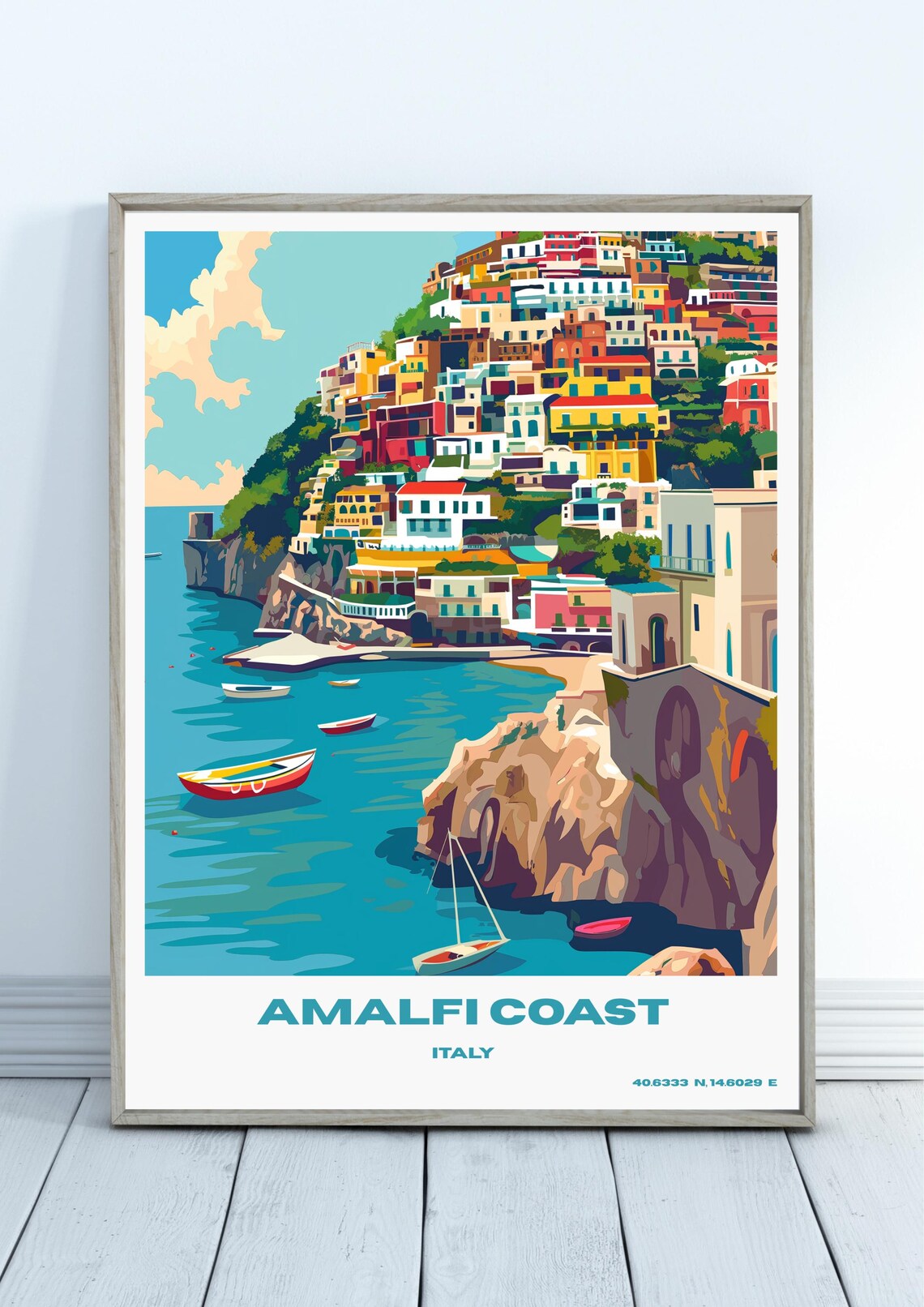 Amalfi Coast Italy Travel Poster with Colorful Cliffside Town and Boats