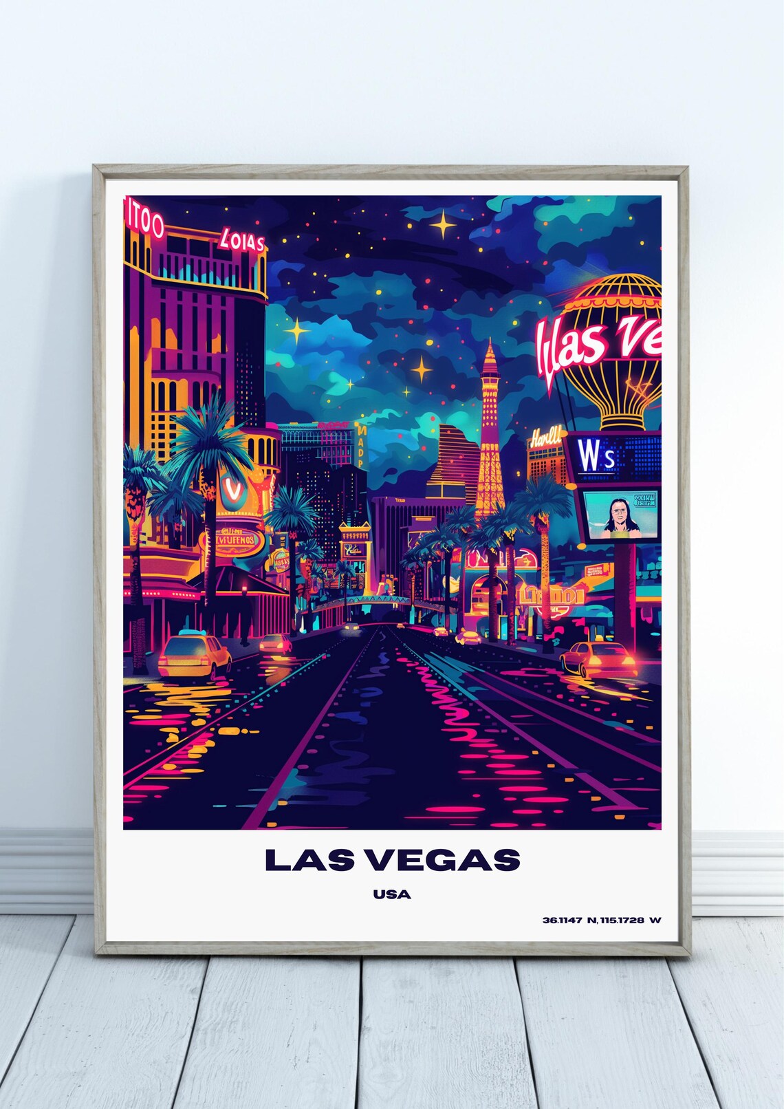 Las Vegas Neon Strip Night Skyline Colorful Travel Souvenir Art Poster