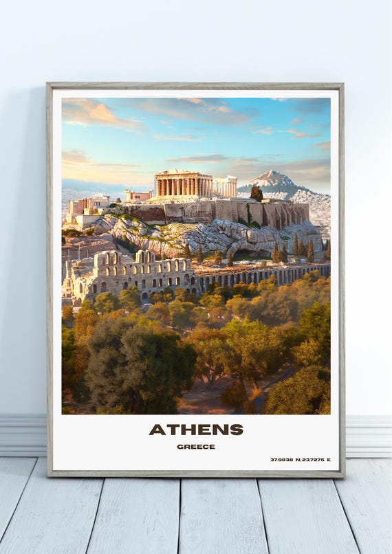 Athens Travel Poster Greece Wall Art Acropolis Cityscape Print Urban Decor Gift Souvenir Scene Europe Ancient Landmark