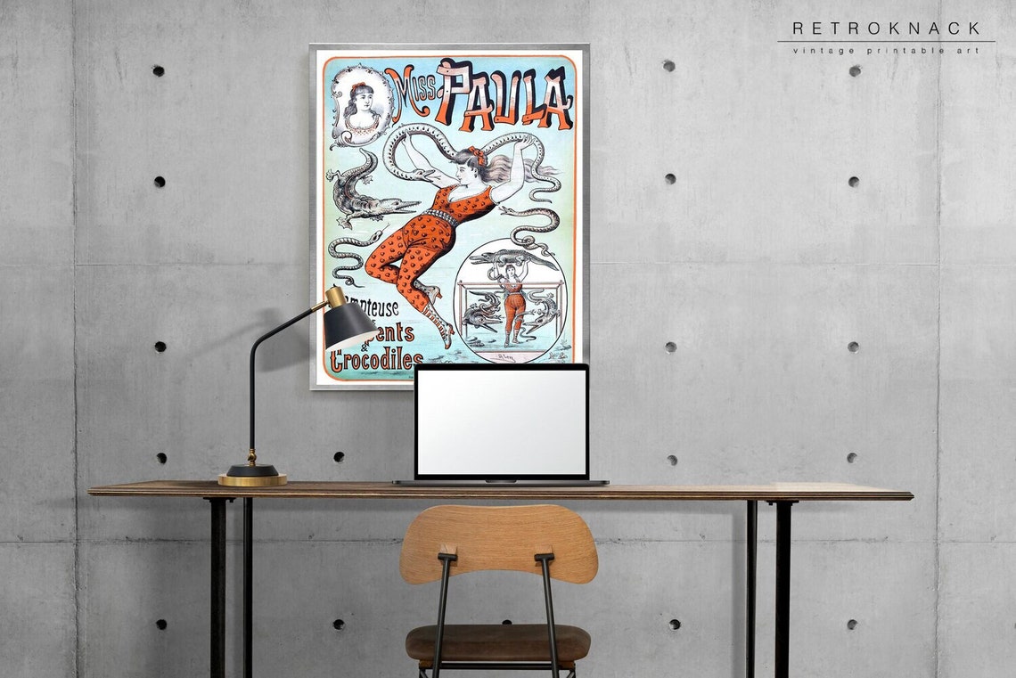 Miss Paula Snake Charmer Vintage French Circus Crocodile Poster Art - Image 2