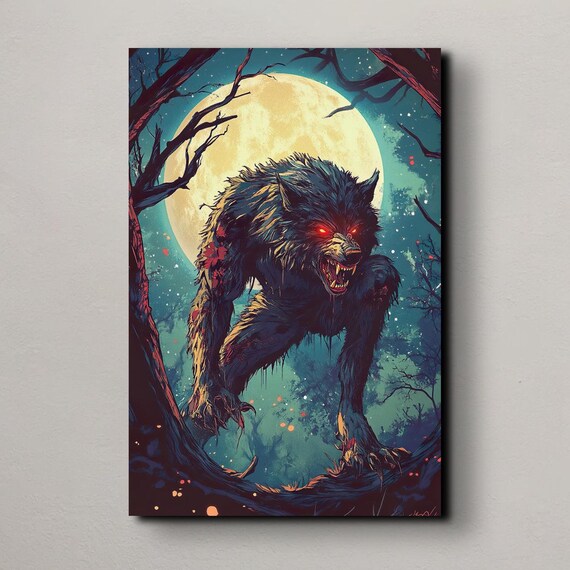 Snarling Werewolf Moonlit Forest Branch Comic Horror Art Poster
