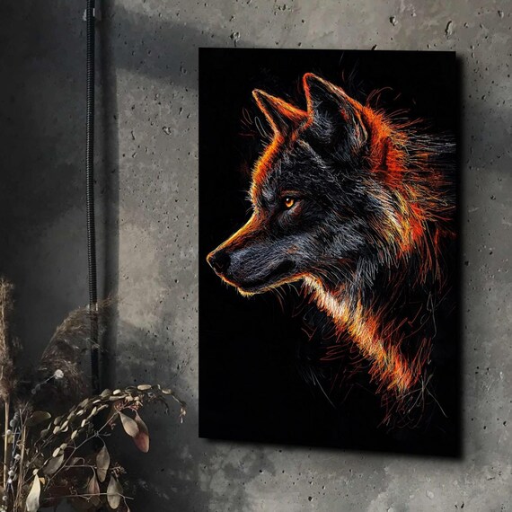 Fiery Orange Wolf Head Line Art on Dark Black Background Poster