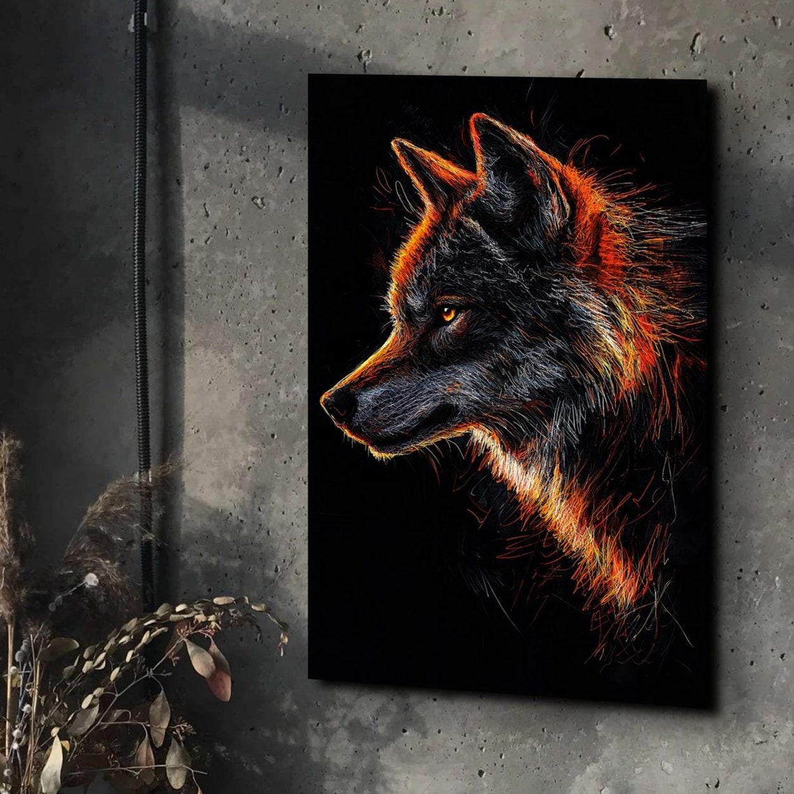 Fiery Orange Wolf Head Line Art on Dark Black Background Poster