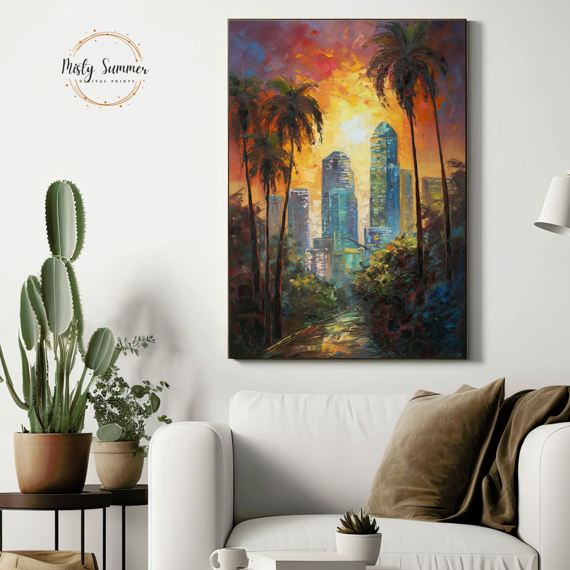 Downtown Skyline Palm Trees Sunset City Glow Impressionist Wall Poster - Image 3