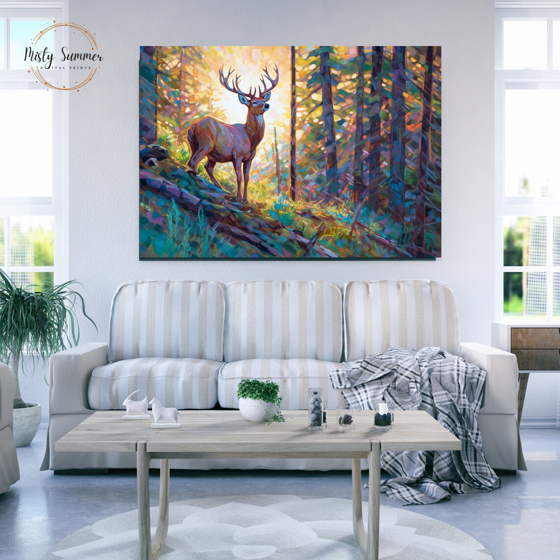 Majestic Whitetail Deer Buck Forest Sunrise Golden Impressionist Art Poster - Image 2