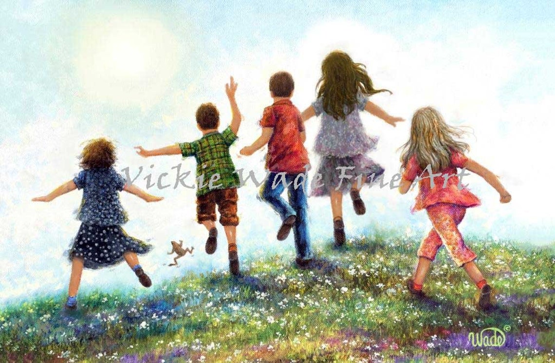 Five Children Running Through A Sunny Flower Filled Meadow Poster