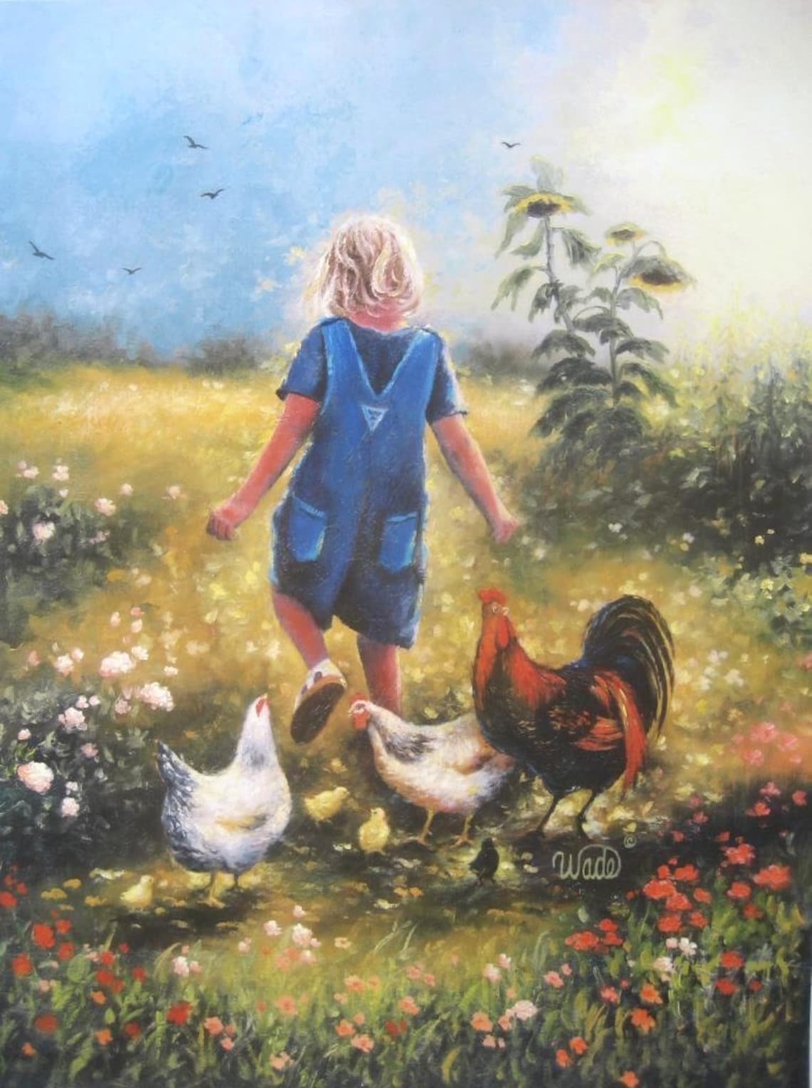 Little Blonde Girl Walking with Chickens in a Flower Field Poster