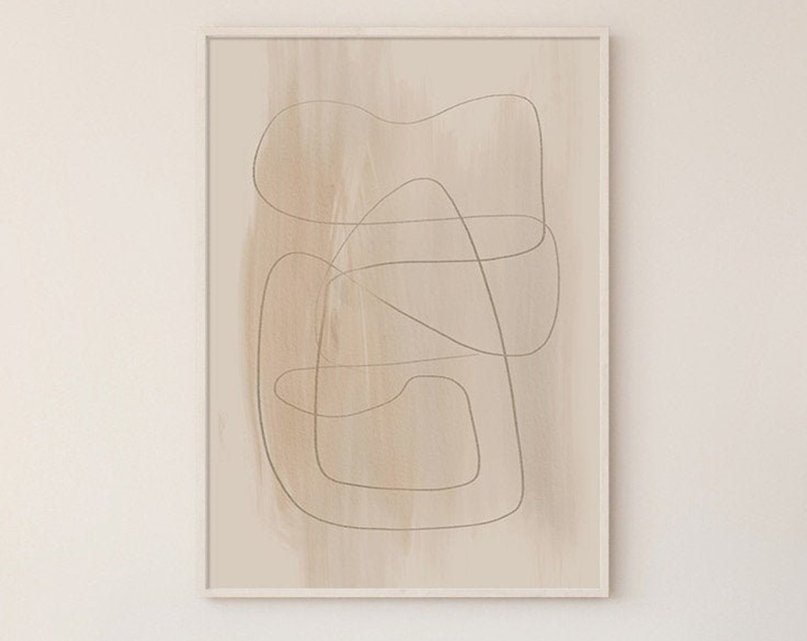 Single Line Abstract Scribble Beige Watercolor Minimalist Poster Art