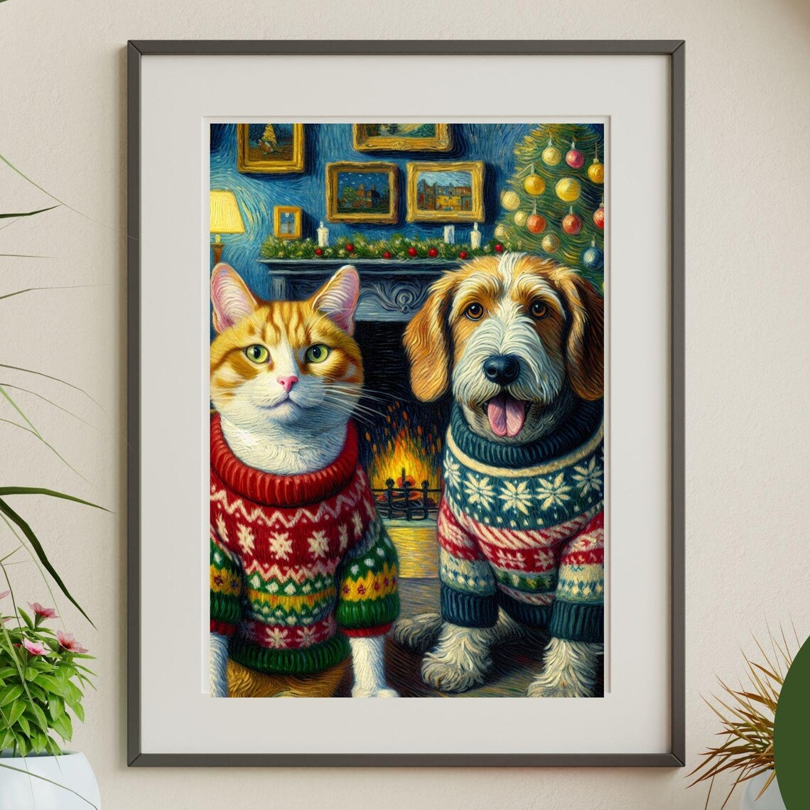 Cat and Dog in Christmas Sweaters by a Festive Fireplace Poster