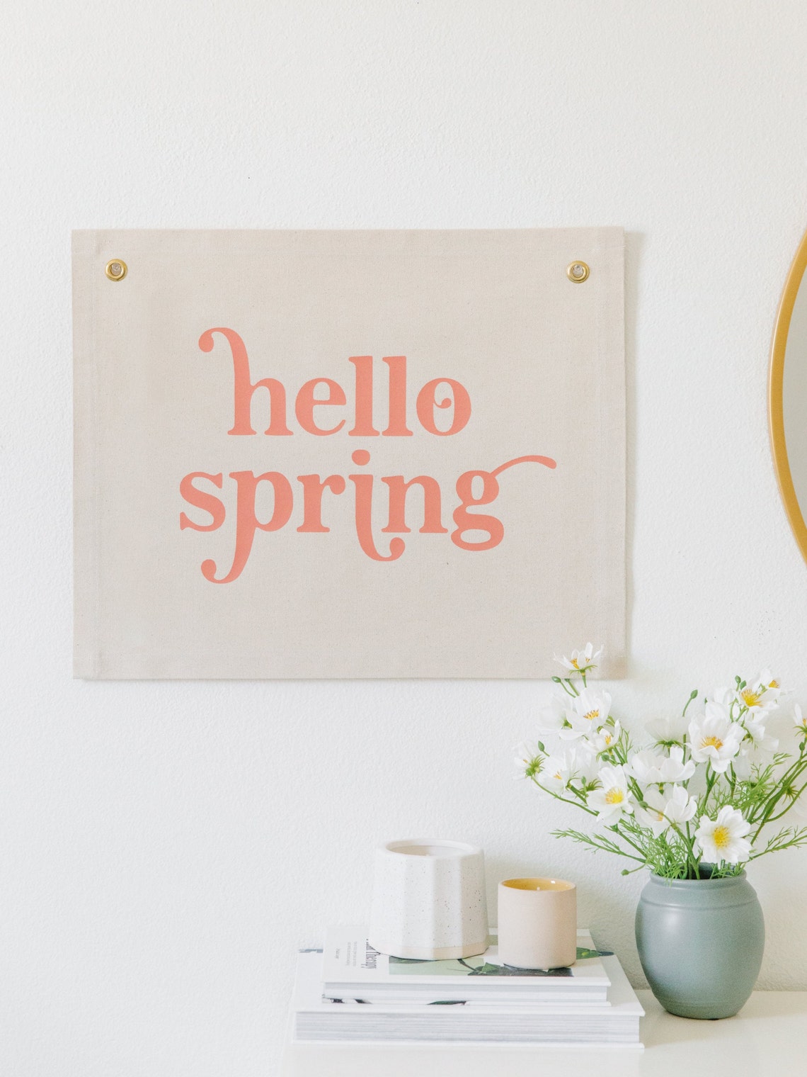 Hello Spring Coral Script Canvas Flag Farmhouse Decor Wall Art - Image 3