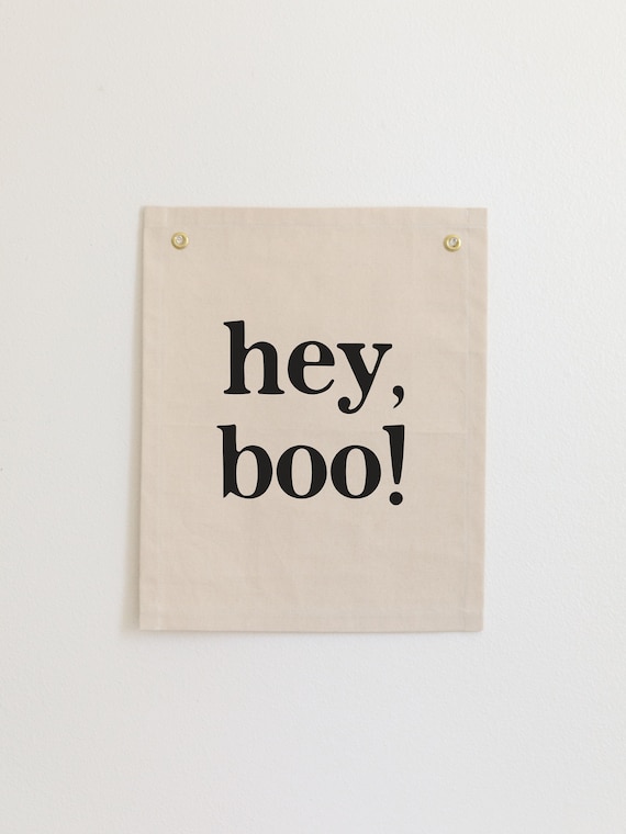 Hey Boo Exclamation Black Serif Halloween Canvas Flag Seasonal Wall Art