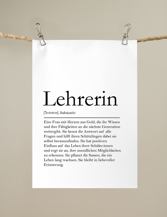 Lehrerin German Teacher Definition Poster Gift for Female Teacher