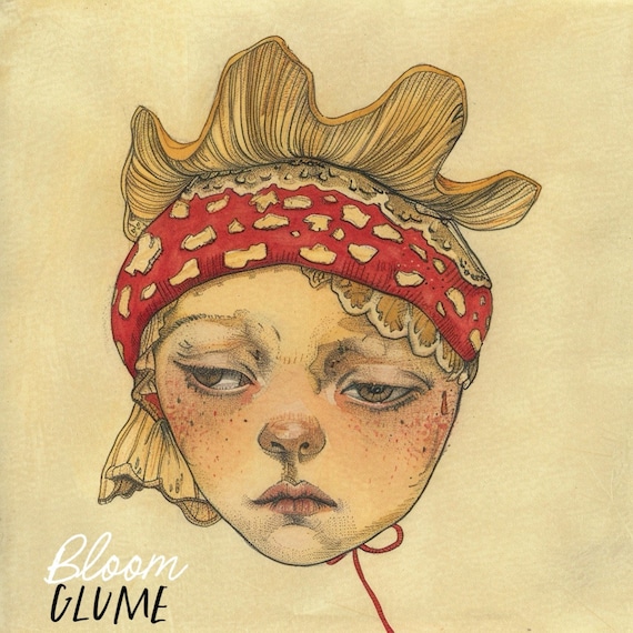 Glume Fly Agaric Mushroom Cap Melancholy Girl Cottagecore Fairy Art Print