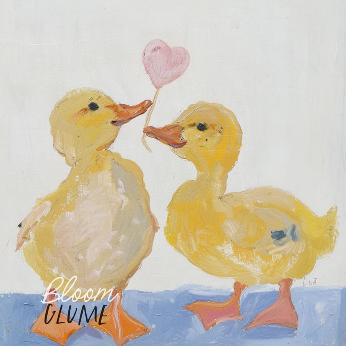 Two Yellow Ducklings Pink Heart Balloon Valentines Art Print