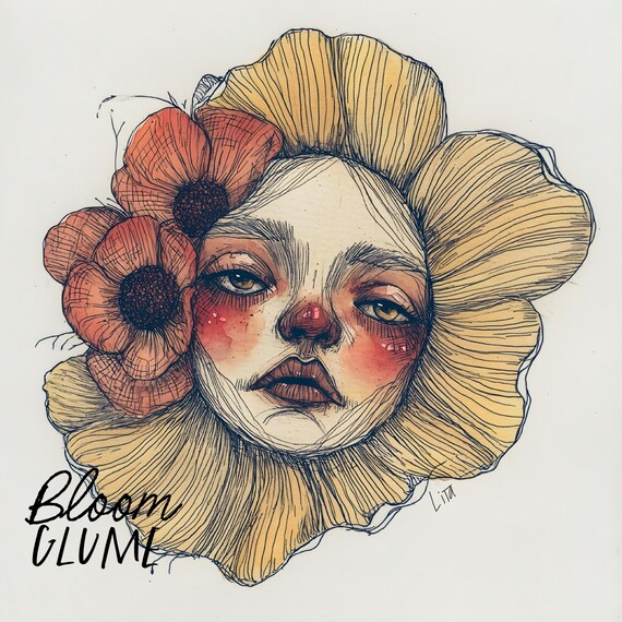 Yellow Poppy Flower Face Woman Surreal Watercolor Portrait Print