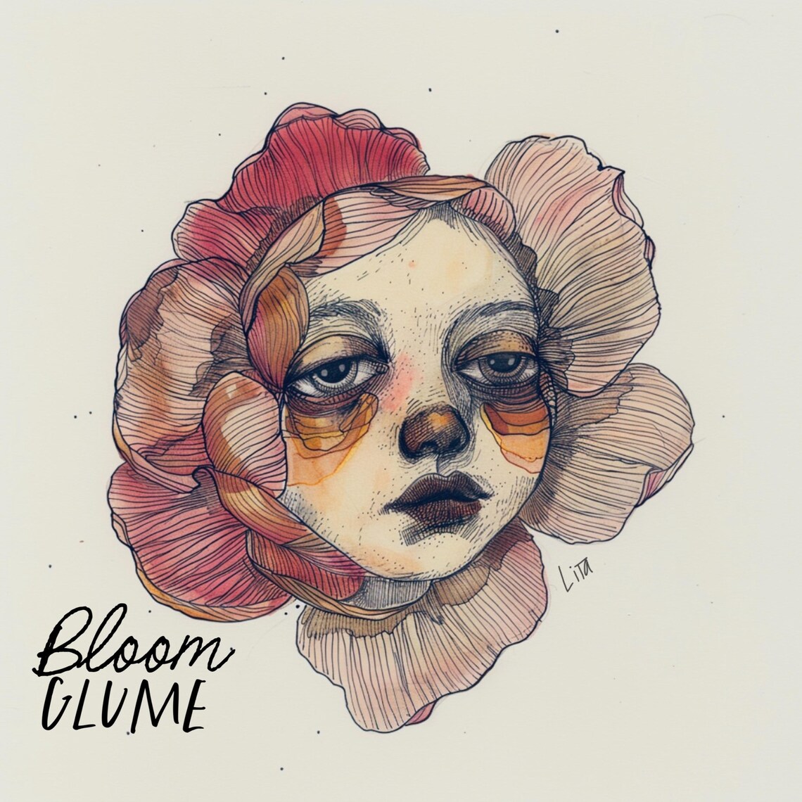 Pink Flower Face Girl Surreal Ink Watercolor Portrait Art Print - Image 2