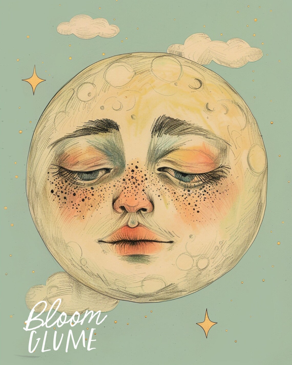 Sleepy Moon With A Face, Cottagecore Art Print