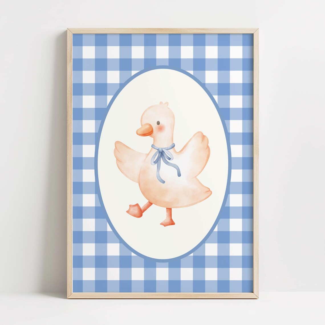 Cute Watercolor Goose Oval Frame Soft Blue Gingham Baby Boy Nursery Poster