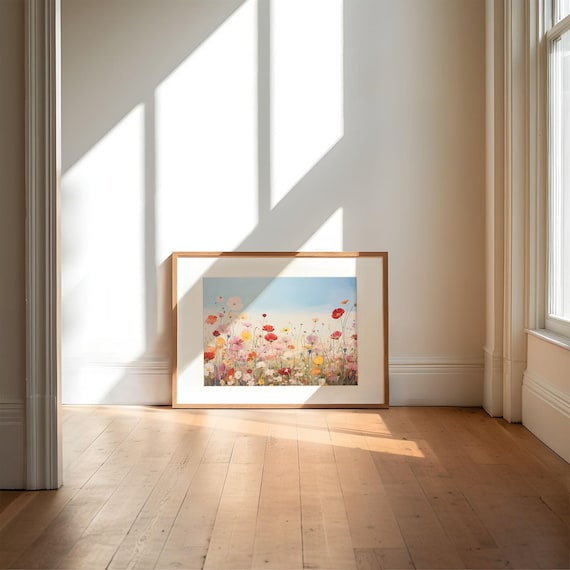 Spring Wildflower Field under Blue Sky Colorful Landscape Poster