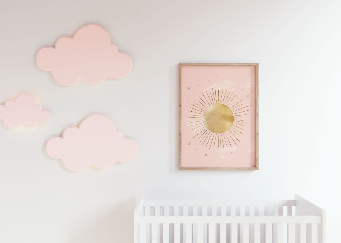 Blush Pink Gold Foil Sun Celestial Nursery Baby Room Wall Art