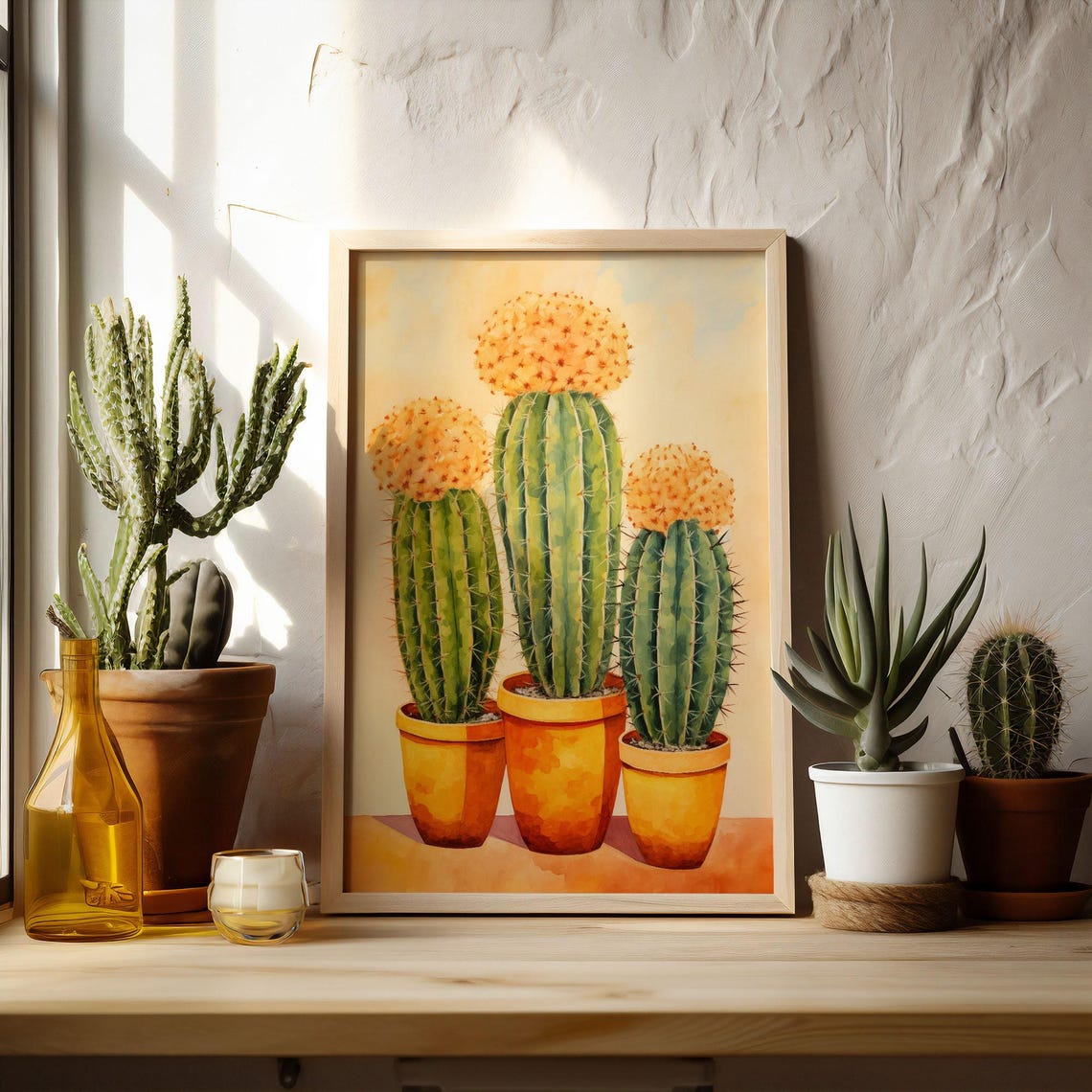 Three Blooming Cacti In Terracotta Pots Watercolor Botanical Poster