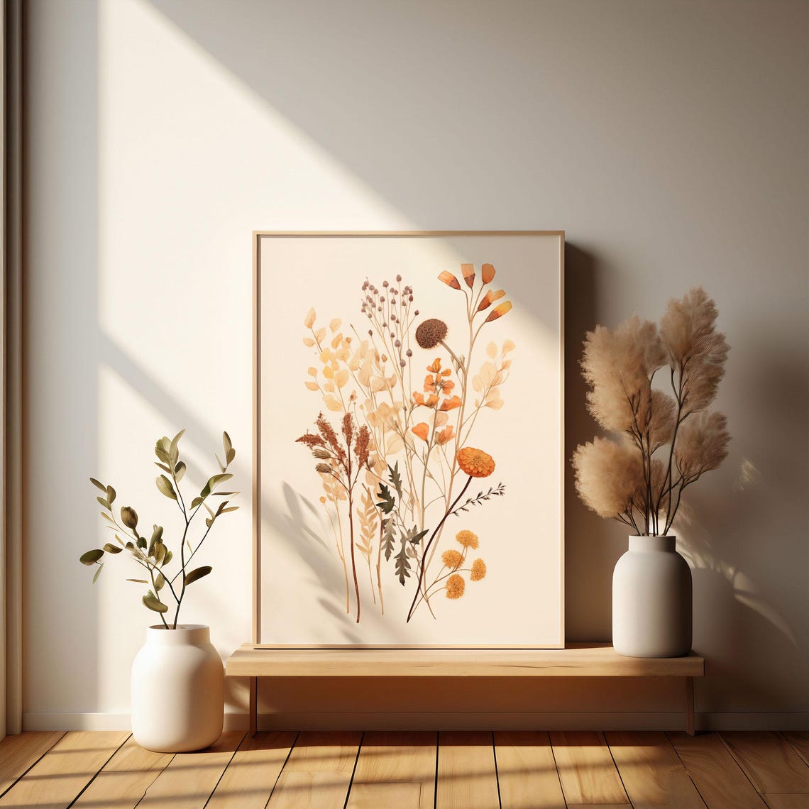 Minimalist Dried Wildflower Botanical Watercolor Autumn Wall Art