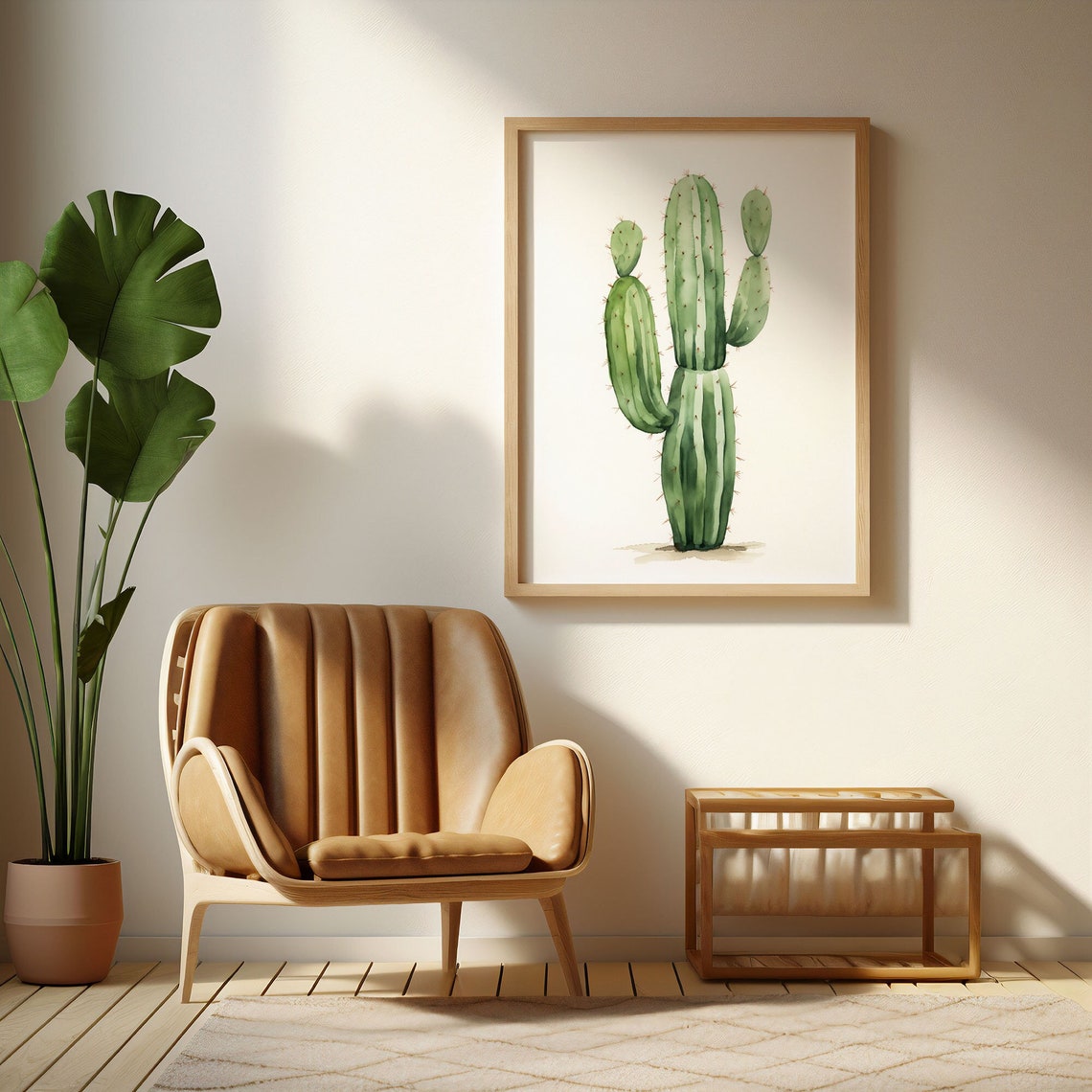 Green Saguaro Cactus Watercolor Desert Botanical Style Wall Art