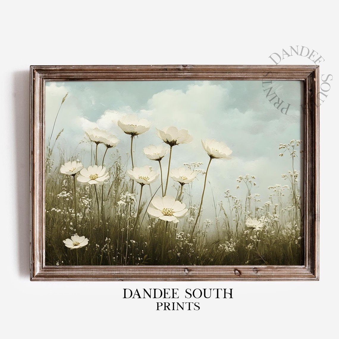 White Cosmos Flowers Meadow Vintage Style Botanical Painting Print