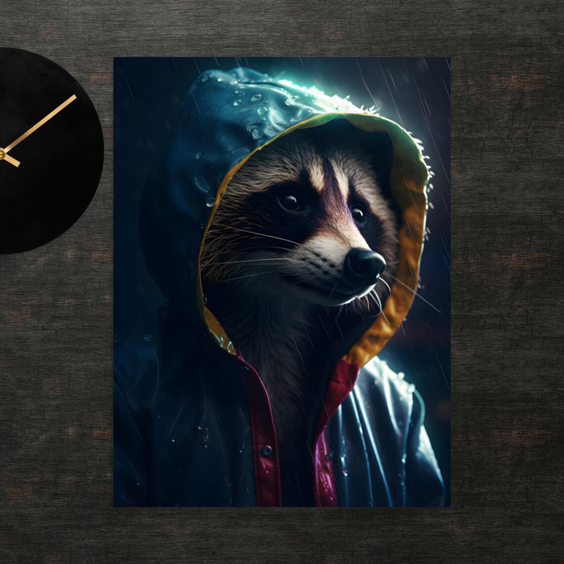 Cute Raccoon in Raincoat Funny Animal Portrait Poster for Living Room