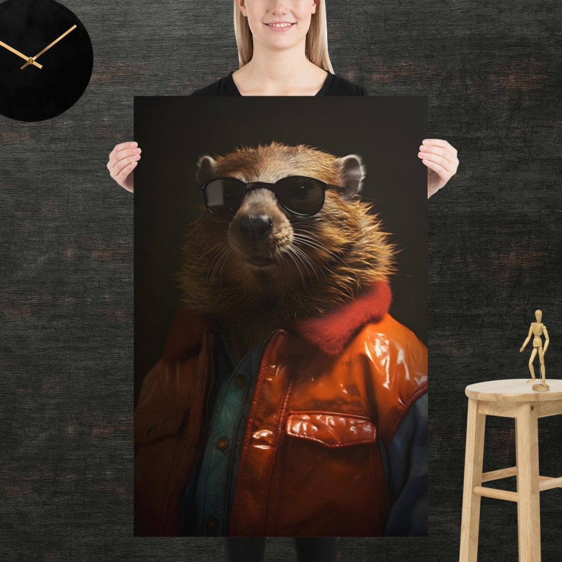 Beaver Wearing Sunglasses Orange Leather Jacket 80s Retro Poster