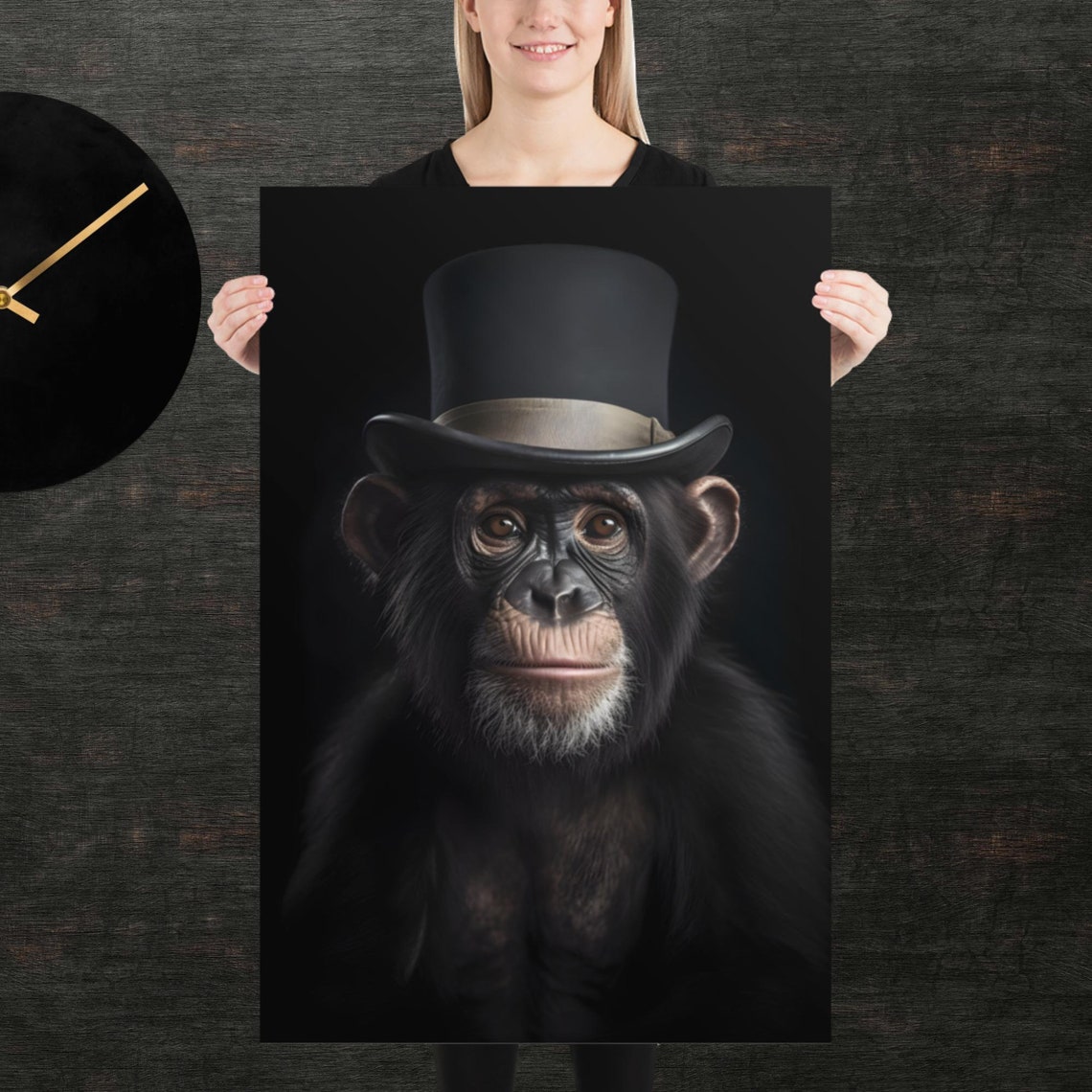 Chimpanzee Wearing Top Hat Formal Portrait Black Background Poster