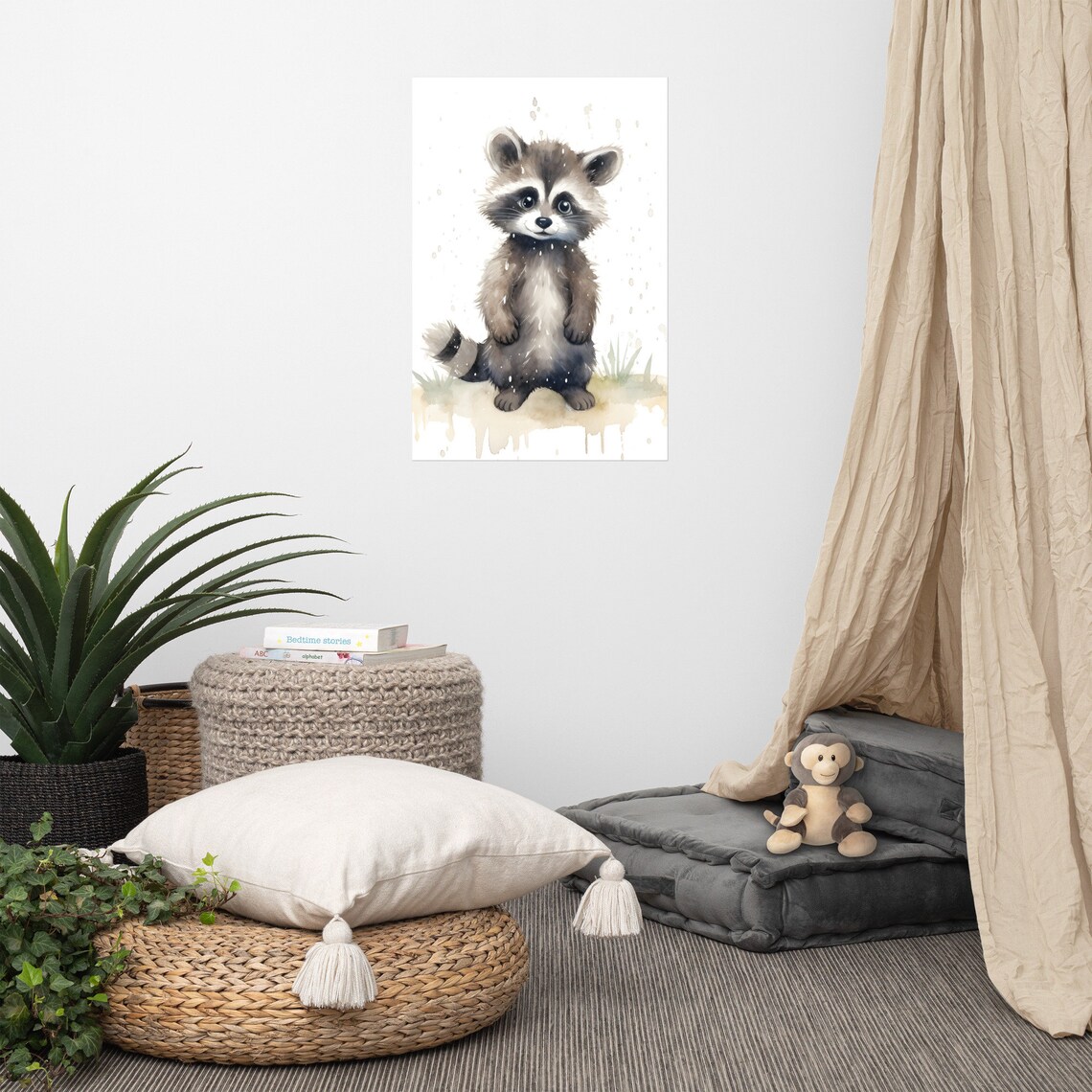 Adorable Baby Raccoon Watercolor Painting Nursery Decor Poster