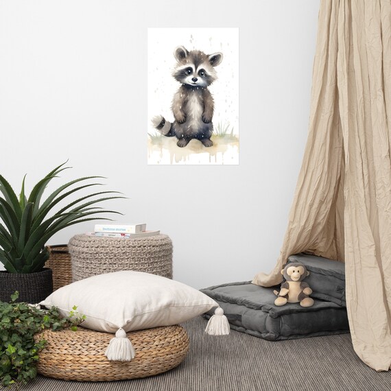 Adorable Baby Raccoon Watercolor Painting Nursery Decor Poster