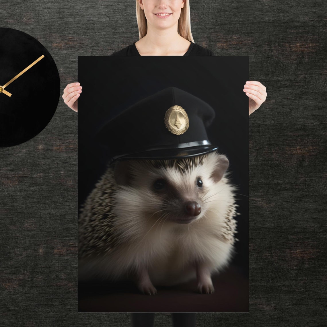 Cute Hedgehog Wearing A Police Cap In A Dark Studio Portrait Poster