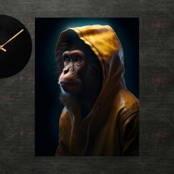 Monkey In Raincoat Poster Ape Art Wall Print Funny Animals Clothed Animal Cute
