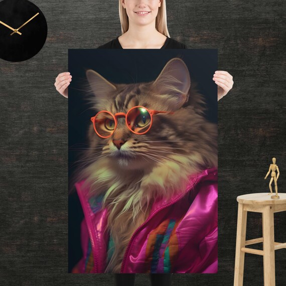 Cool Cat Wearing Orange Glasses 80s Style Retro Portrait Poster