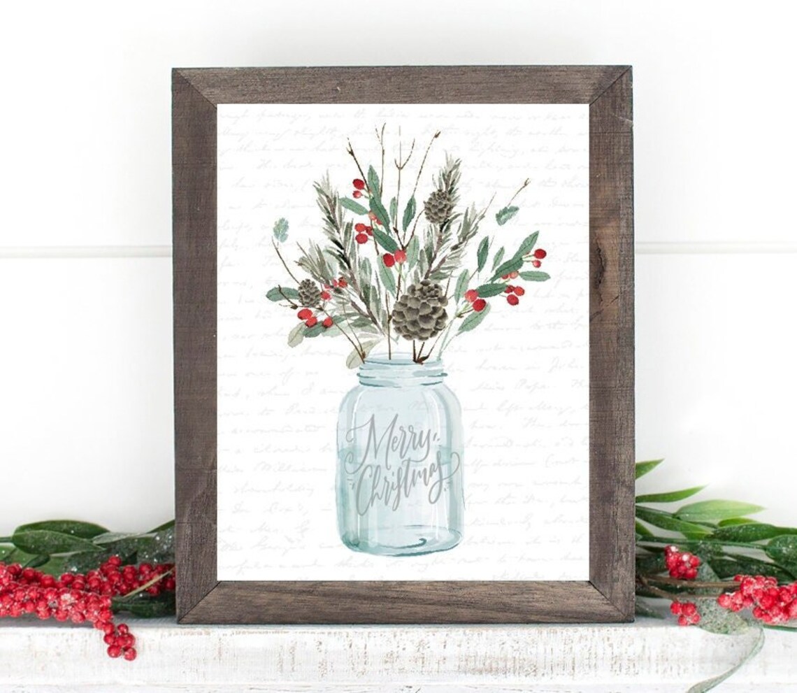 Festive Bouquet in Blue Jar, Modern Farmhouse Art Print