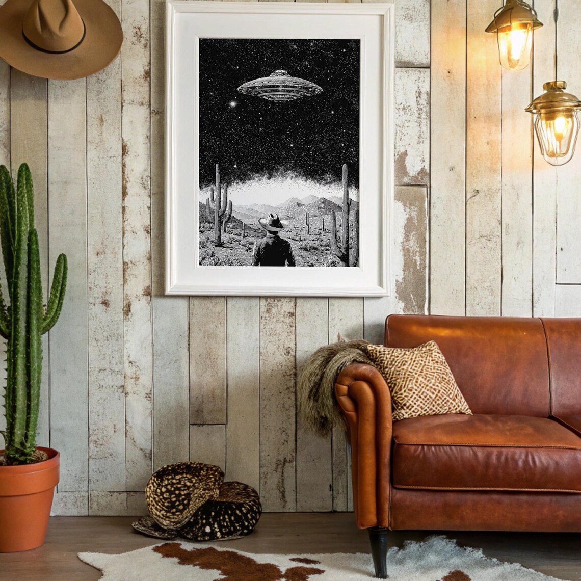 Lone Cowboy Watches UFO Over Starry Desert Saguaro Night Poster