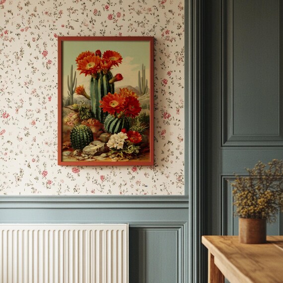 Blooming Desert Cactus Red Torch Flowers Vintage Botanical Art Poster