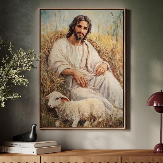 Jesus Seated With a Lamb in a Peaceful Golden Pasture Painting Poster