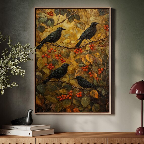 Blackbirds Among Golden Foliage and Red Berries Moody Autumn Wildlife Poster