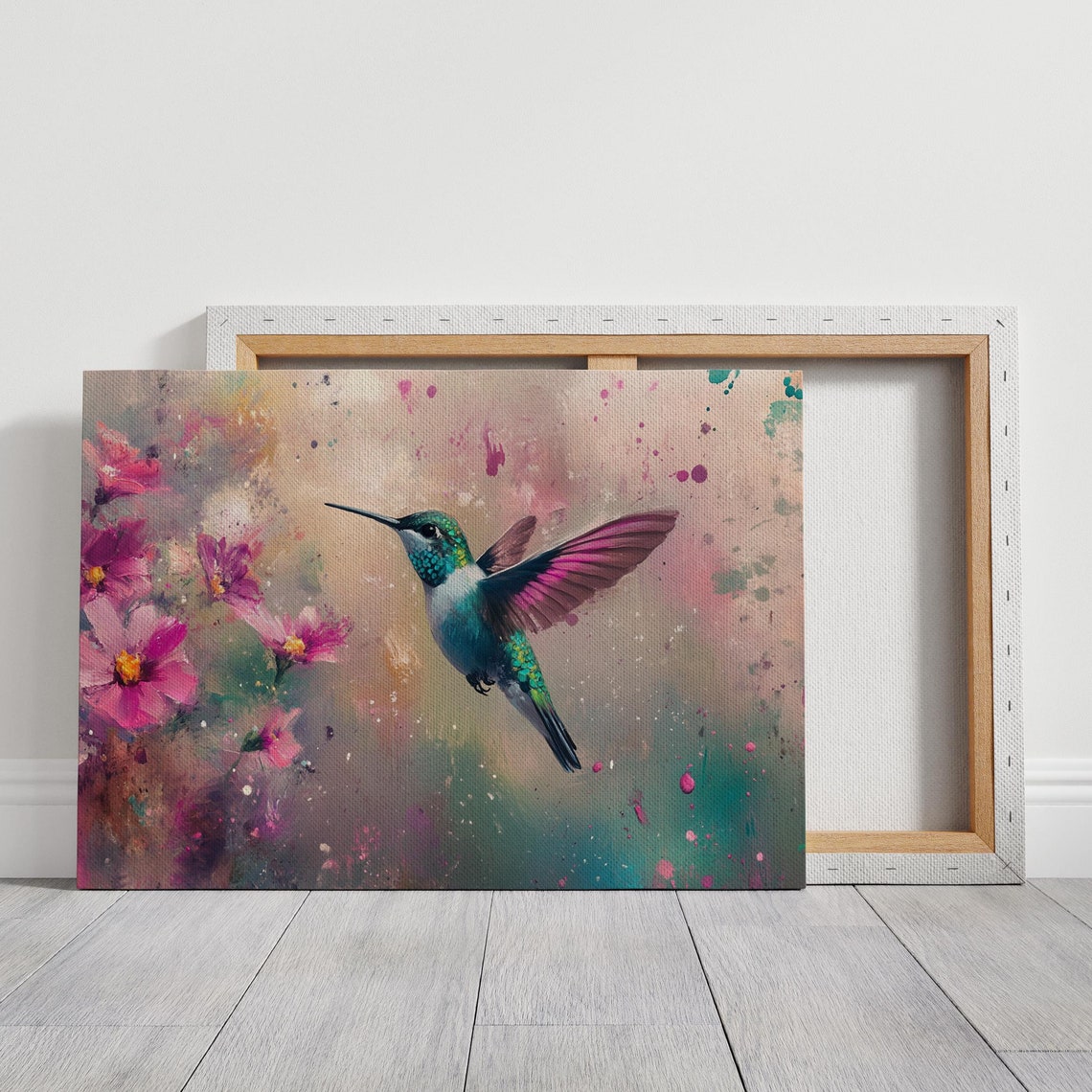 Vibrant Hummingbird Pink Flowers Abstract Nature Flying Bird Poster