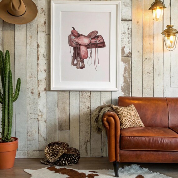 Pink Western Saddle Watercolor Equestrian Rustic Cowgirl Art Poster