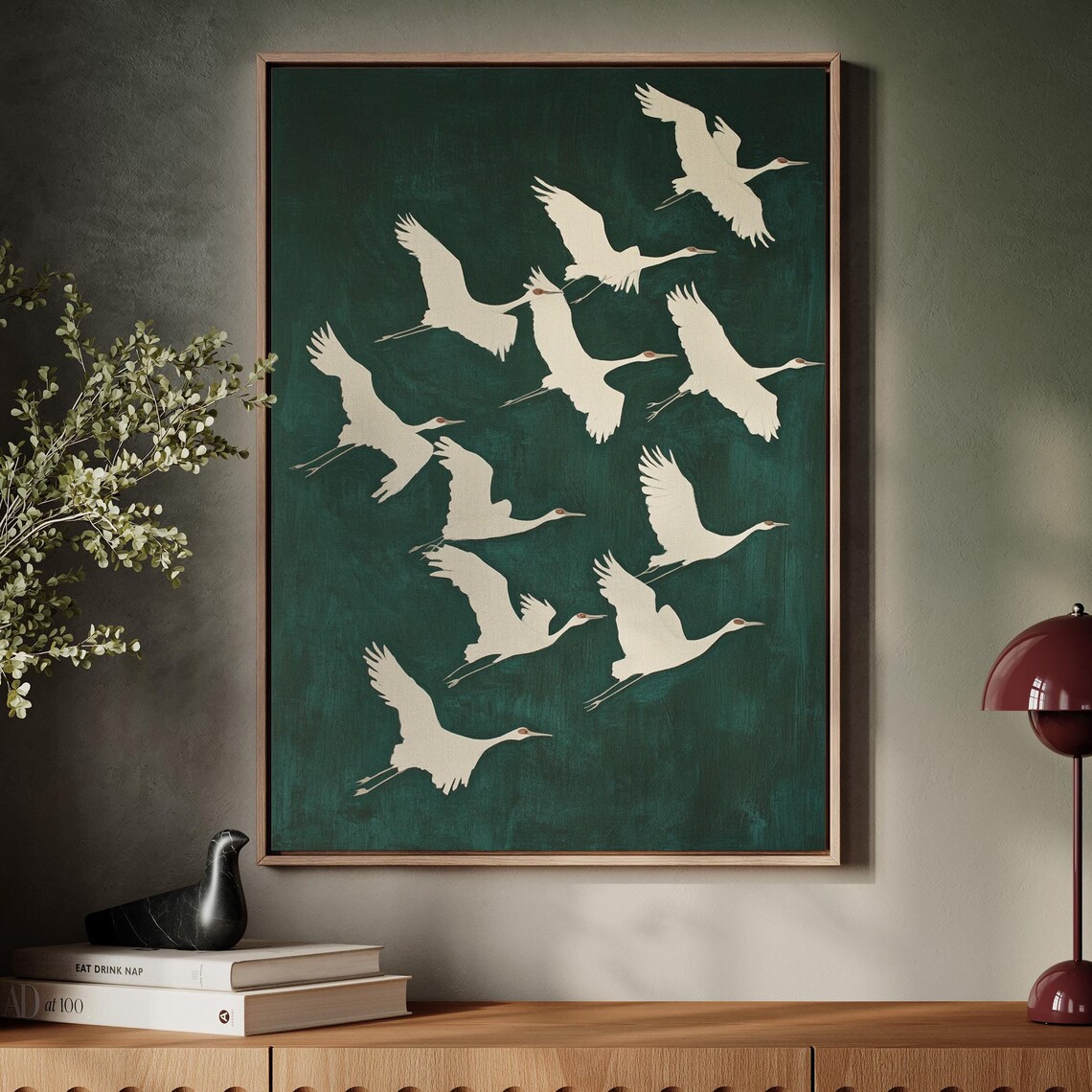 Elegant White Cranes In Flight, Modern Wall Art