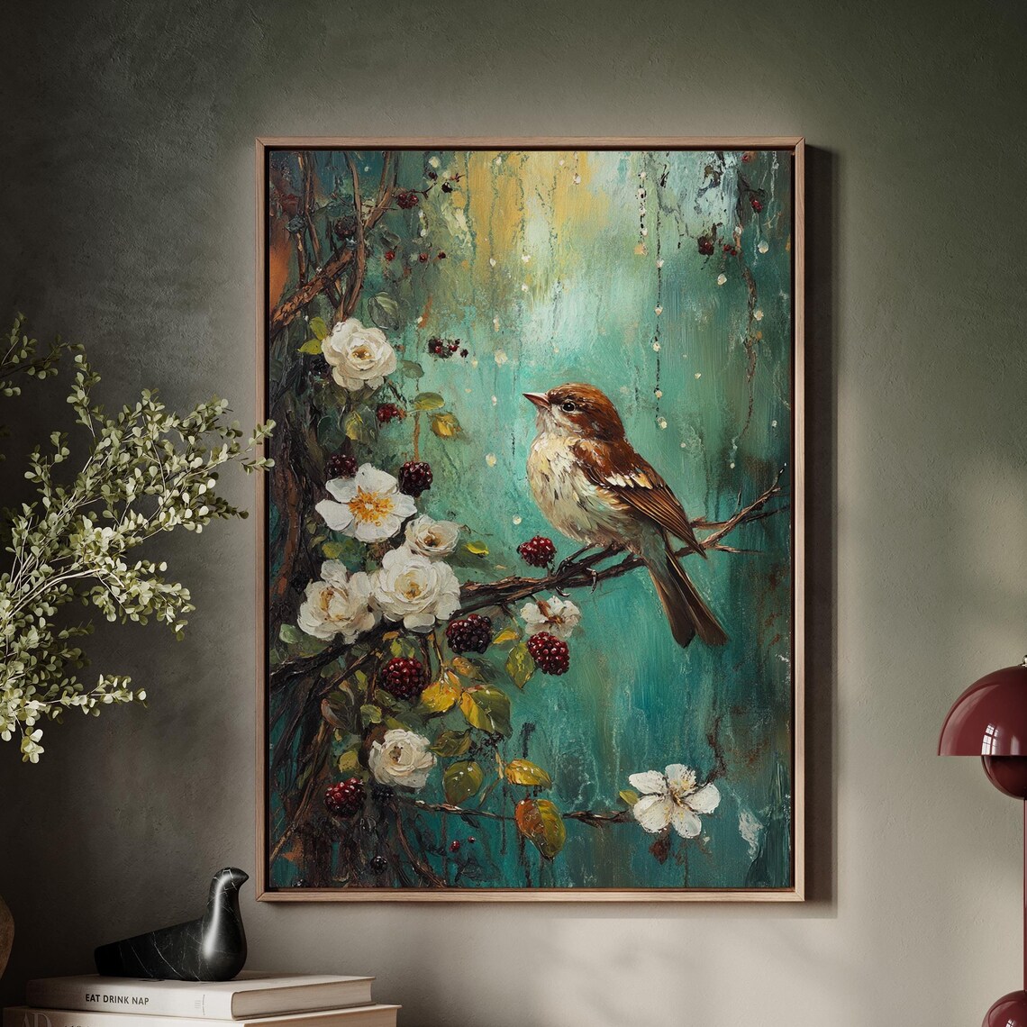 Brown Songbird With White Roses And Berries Painting Art Poster