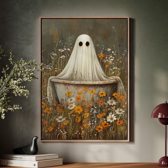 Cute Ghost In Vintage Bathtub Wildflower Halloween Art Poster