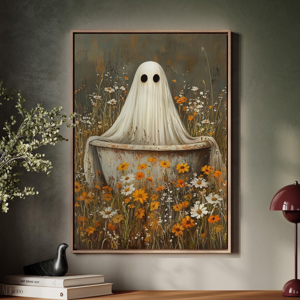 Cute Ghost In Vintage Bathtub Wildflower Halloween Art Poster
