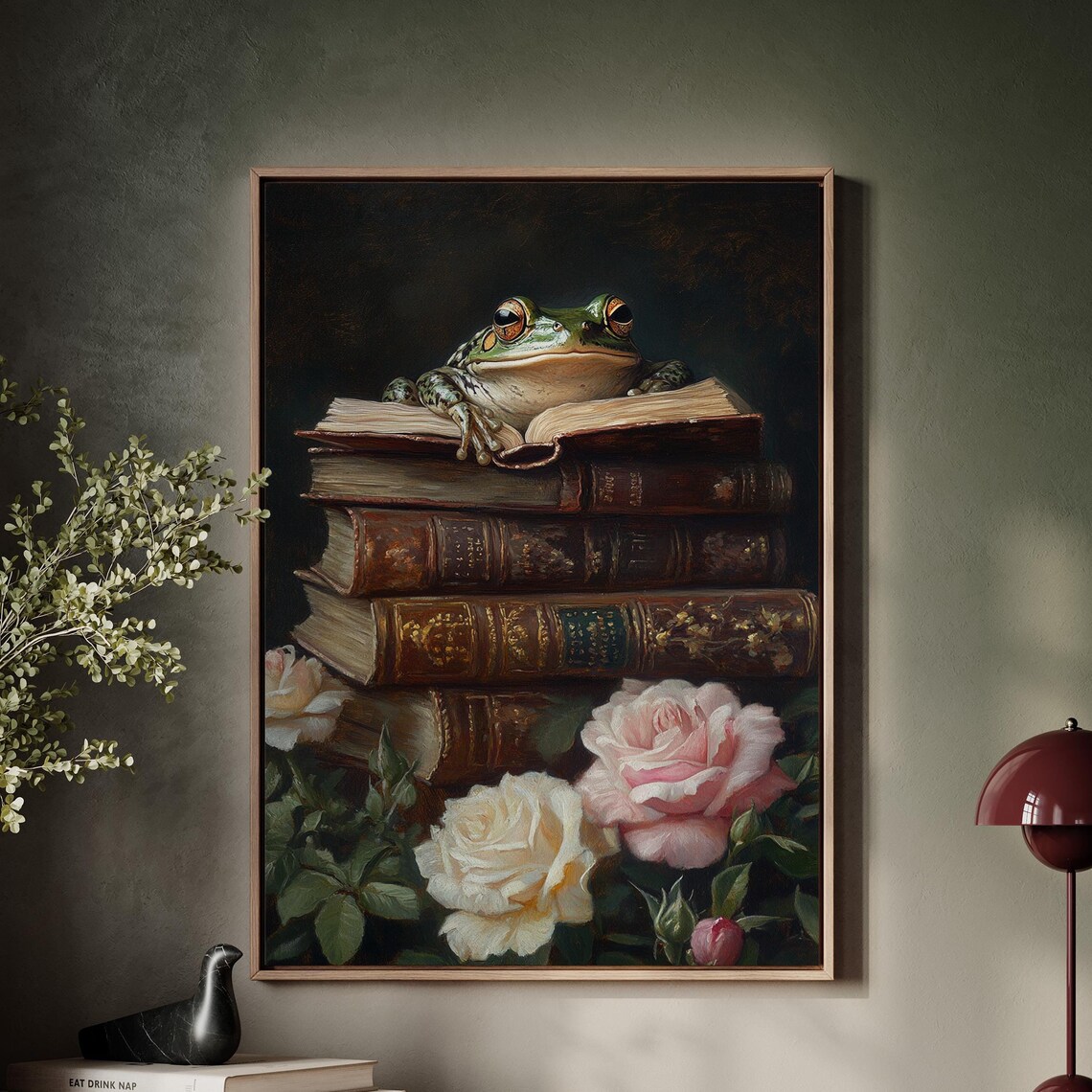 Frog and Antique Books Whimsical Literary Art Print