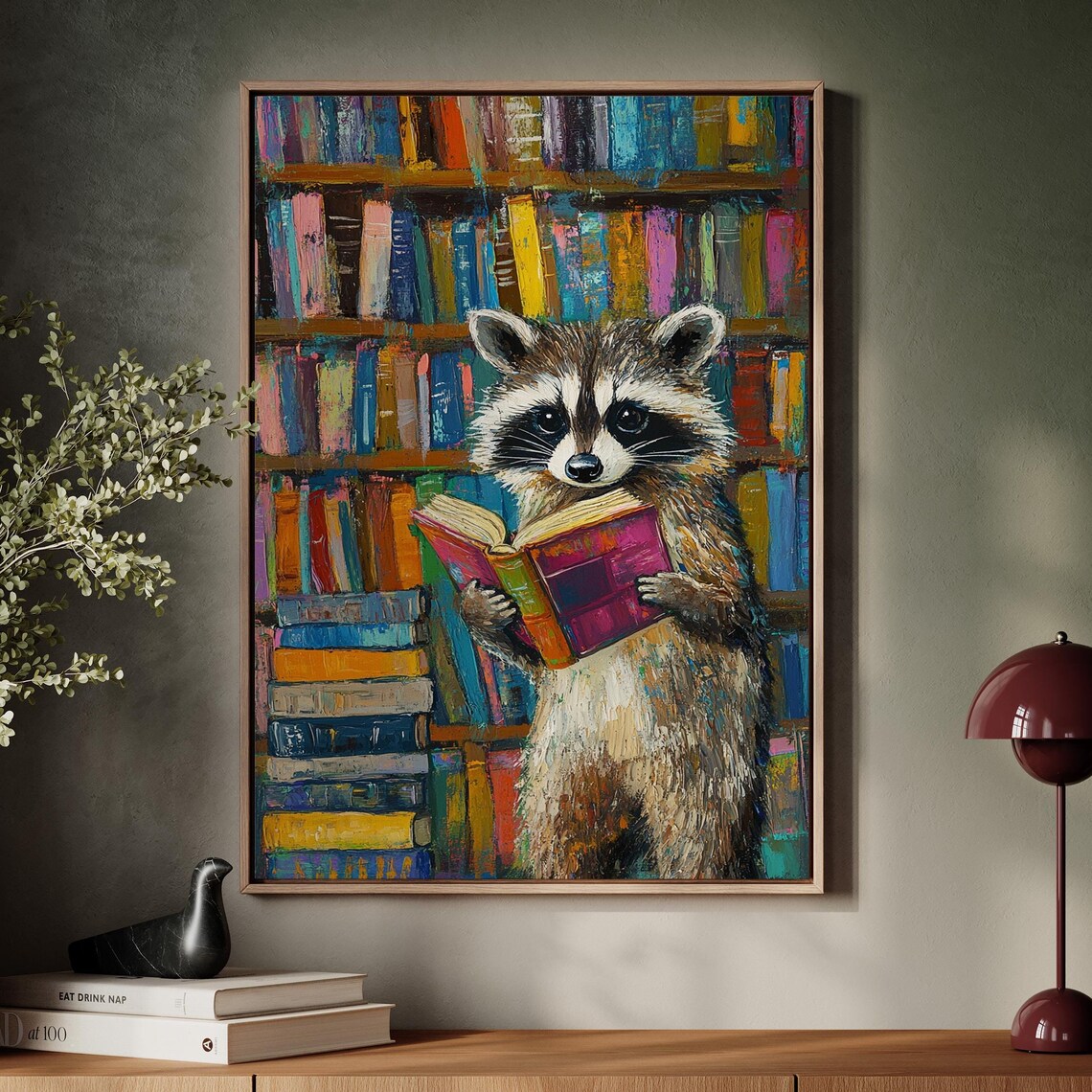 Charming Raccoon Reading Art Print, Library Decor
