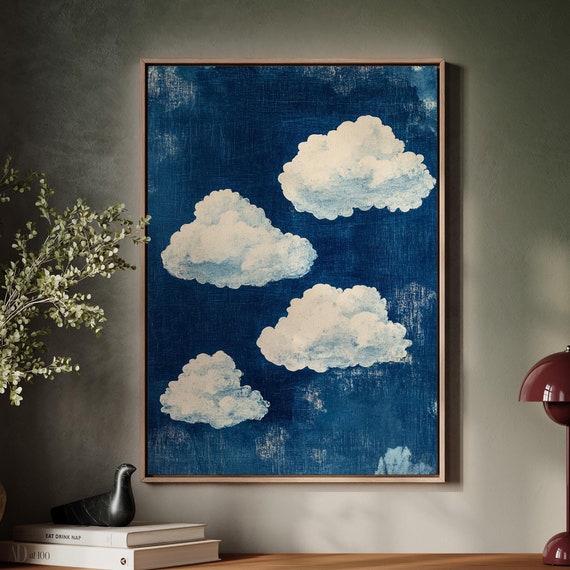 Indigo Sky Cloud Wall Art Rustic White Cloud Print On Deep Blue Background Dreamy Vintage Home Decor For Bedroom Or Living Room